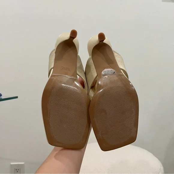 Zara Leather Ecru Thong Heeled Mule - Picture 5 of 6
